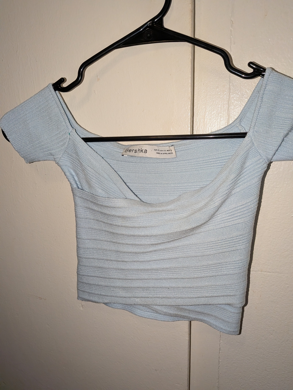 Bershka Light Blue Off-Shoulder Ribbed Crop Top